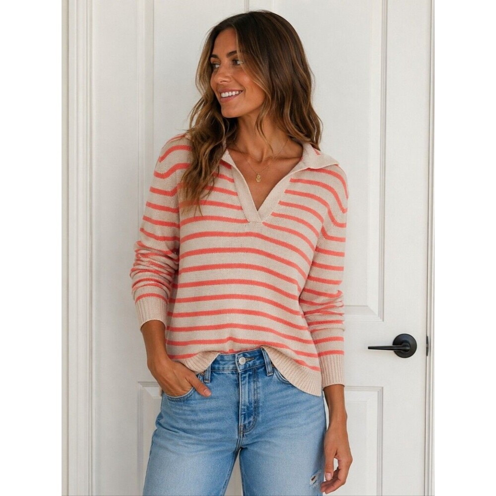 GAP Cotton Johnny Collar Pullover Stripe Sweater Sz M Ribbed Coastal Coral Beige
